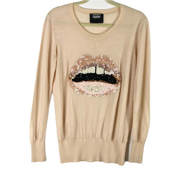 NWOT MARKUS LUPFER Sweater~M Cream Sequin-Lips-Appliqué Long-Sleeve Merino-Wool? - Picture 1 of 5